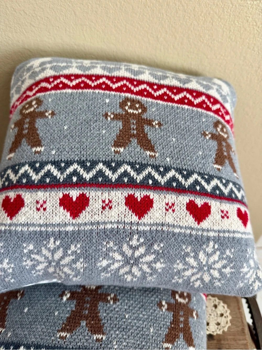 Holiday Gingerbread Knit Decorative Pillow - Gray and Red